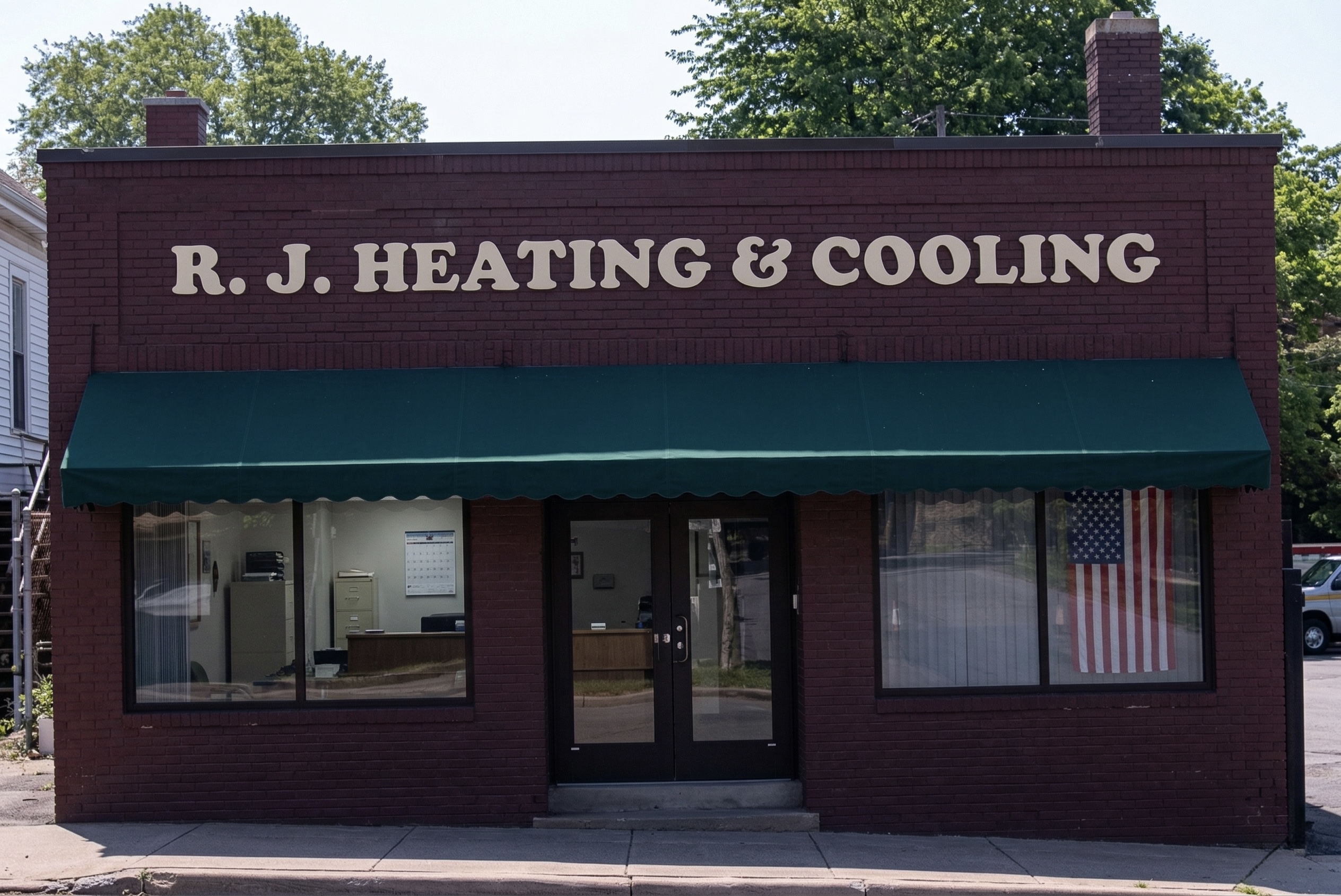 R.J. Heating and Cooling storefront — dark brick building with green awning and business sign at 4810 Briar Road, Cleveland, OH